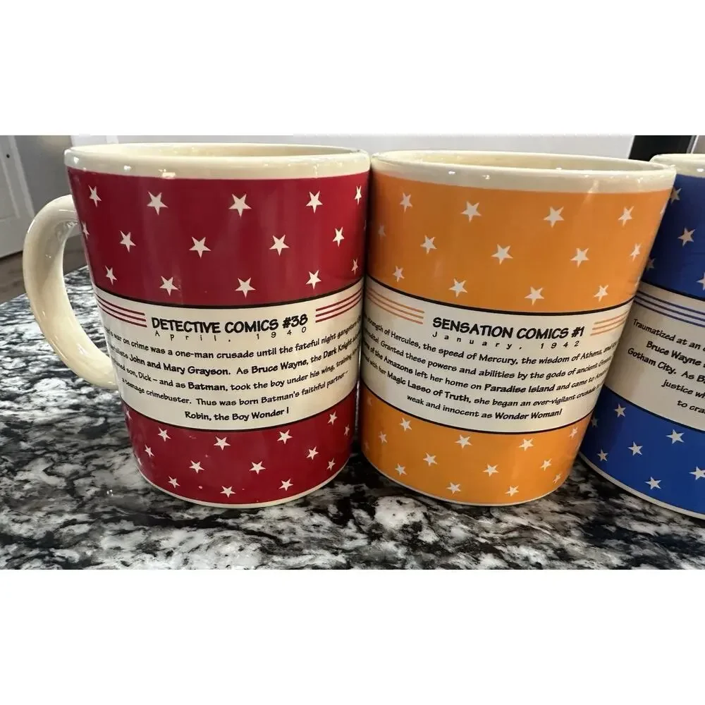 DC Comics Batman, Superman, Wonder Woman, Batman & Robin Mugs - Vintage Set of 4